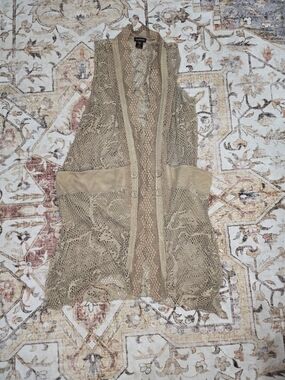 Multiples Beige Crochet Open Cardigan